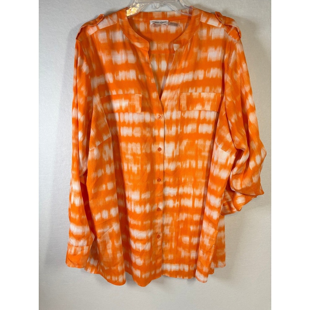 Calvin Klein Orange White Ikat Roll Tab Sleeve Blouse 2X W4BAZ547